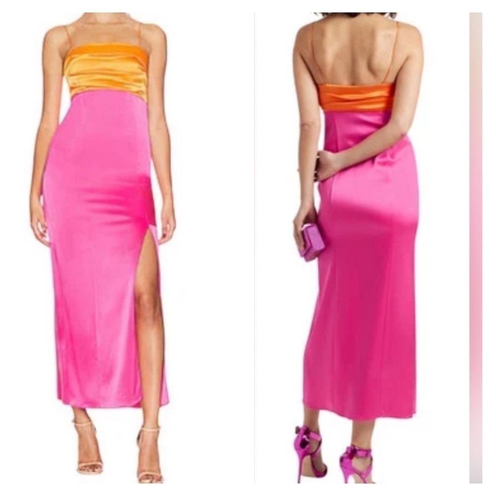 Alice + Olivia NWT Lilita Orange Pink Satin Midi Dress Size 2 Slit Two-Tone Gown